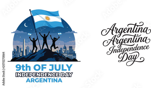 Argentina independence day celebration with flag and cityscape at night