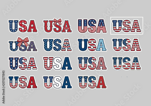 Usa stickers in various patriotic designs and colors on gray background