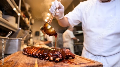 Chef glazing grilled barbecue ribs in professional kitchen, gourmet food preparation, culinary craftsmanship and restaurant dining concept.