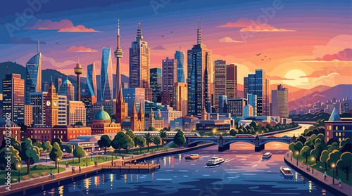 Obraz na plátně Vibrant cityscape at sunset with a sprawling river and majestic mountain range i
