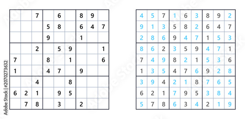 Medium difficulty printable sudoku with solution on white background for kids cognitive training, recreation, publications and school activities