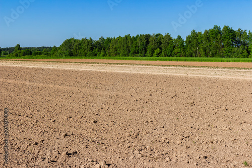 Картината върху платно Freshly tilled brown soil in a vast agricultural field ready for seasonal planti