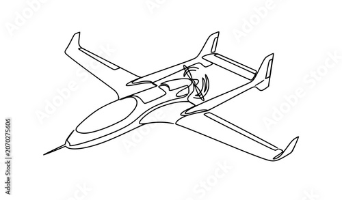 Single line drawing of flying fixed wing drone airplane, continuous line art vector of modern unmanned aerial vehicle UAV