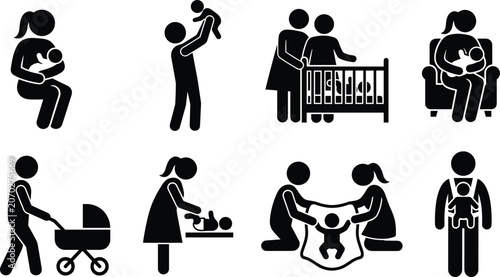 Baby care and parenting stick figures set showing breastfeeding changing diaper pram stroller crib and carrier vector illustration