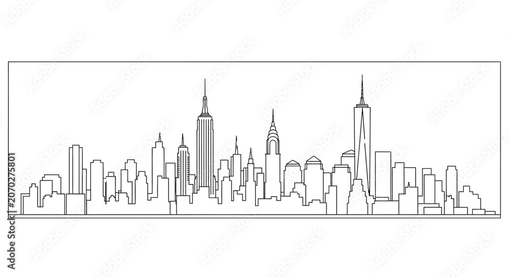 Fototapeta premium City skyline linear illustration against a white background 