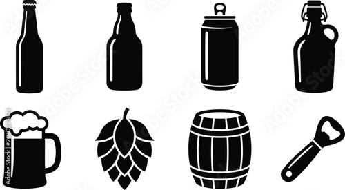 Tableau sur toile Beer and brewery icon set featuring black silhouettes of bottles, aluminum can,