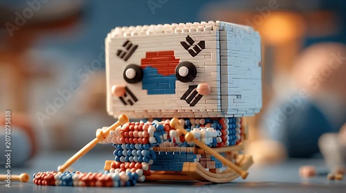 Small Block Robot Creating Colorful Beaded Landscape Scene in Bright Studio