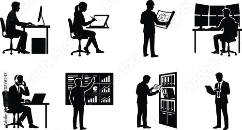 Business and professional office workflows icon set featuring black silhouettes of professionals analyzing data drafting architecture plans and managing files