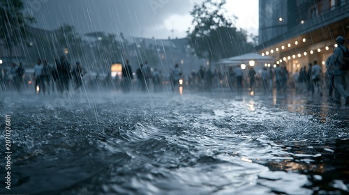 Flooded urban roadway with flowing stormwater after heavy rain, creating hazardous traffic conditions and highlighting infrastructure vulnerability, climate change and emergency management issues