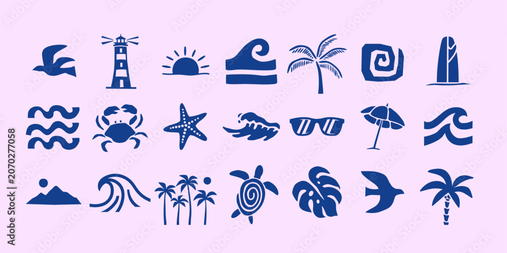 Obraz premium Tropical beach icon vector set with palm trees, waves, marine symbols and surf elements. Minimal coastal illustrations perfect for summer branding, travel graphics and seaside designs.
