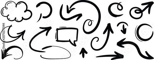 Fotografia Hand drawn arrow vector set featuring doodle sketch curved arrows and symbols in