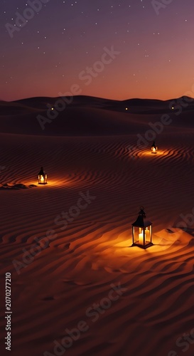 Desert Lanterns at Dusk Under Starlit Sky.