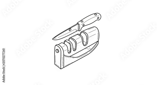 Sharp kitchen knife on wooden block illustration.