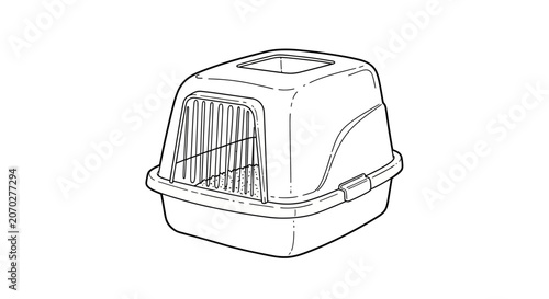 Modern plastic cat litter box with wire frame.