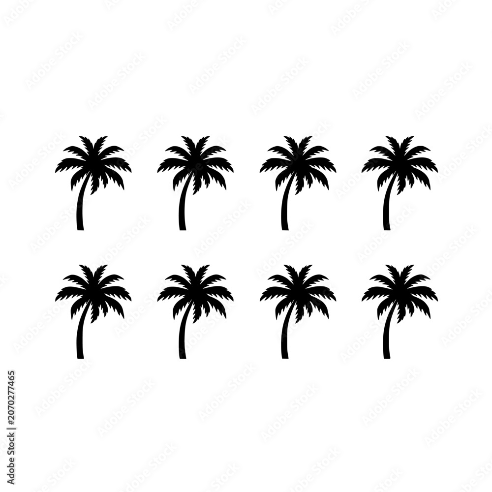 Naklejka premium Eight Black Silhouette Palm Trees Arranged in a 4x2 Grid Pattern on a White Background Featuring Tree, Icon, Vector