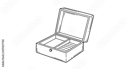 Open wooden jewelry box with compartments inside.