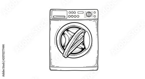 Front loading washing machine black and white illustration.