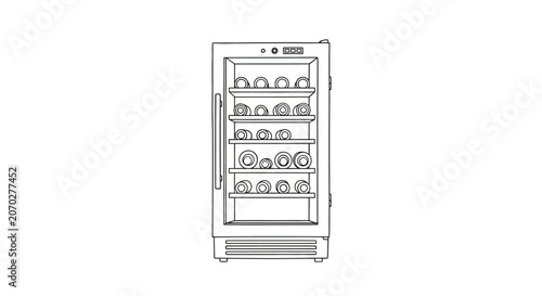 Modern glass door beverage refrigerator with shelves.