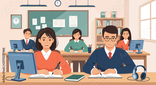 Students learning in a classroom with computers and books.
