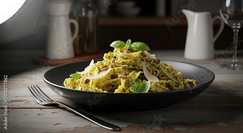 Herb Pesto Pasta Dish on Rustic Table Setting.