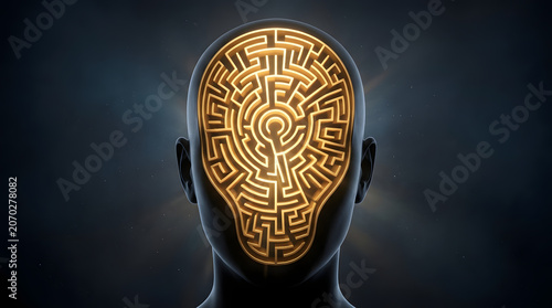 Abstract faceless human head symbolizing mental health, anxiety, stress, inner conflict, healing and psychology through surreal 3D visuals. AI Generated.