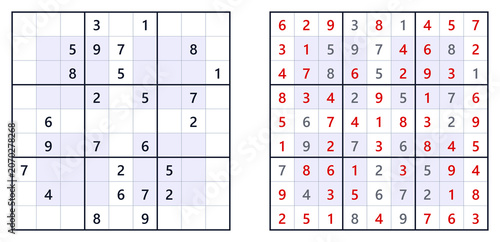 Difficult level hyper sudoku printable with solution, not easy level, on white background for logical thinking, entertainment and school materials
