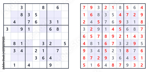 Printable hyper sudoku with solution, medium level PNG on white background for schools, mental training, children activities and magazines