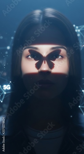 Hidden face silhouette with butterfly gaze in blue neon.