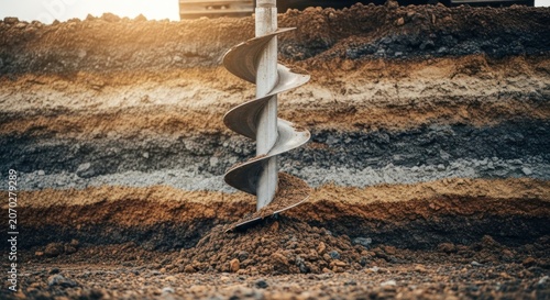 Auger Drill Bit Digging Into Stratified Earth Layers.