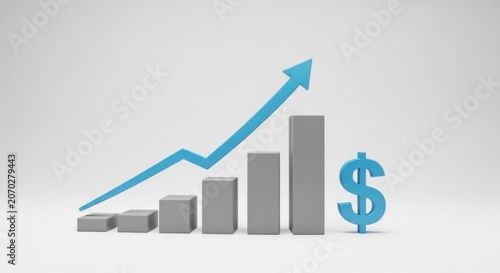 3D Bar Chart with Upward Trend Arrow and Dollar Sign.