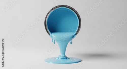 A can of light blue paint spills onto a white surface.