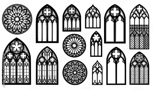 Schilderij op canvas Gothic cathedral window black silhouette vector illustration set isolated on whi