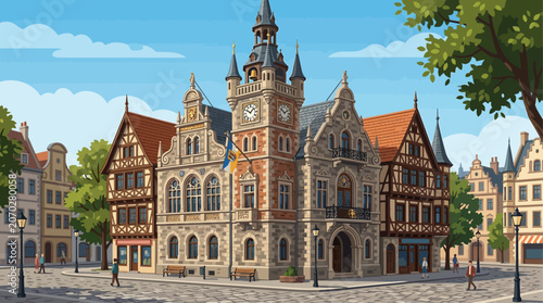 Fotografie Vector illustration of a historic European town hall with a clock tower in a cha