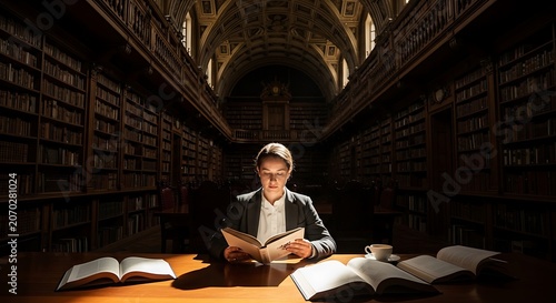 Student Scholar Studying in a Quiet Library.