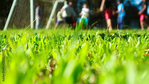 Close-up of vibrant green grass with blurred children playing soccer in the background on a sunny day