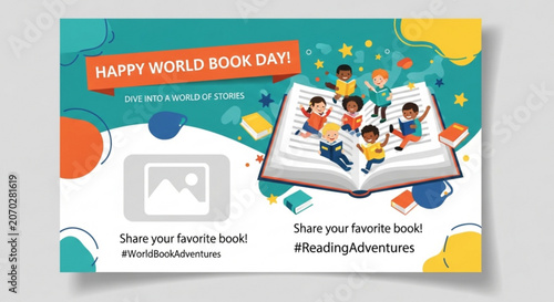 Happy world book day children reading on open book