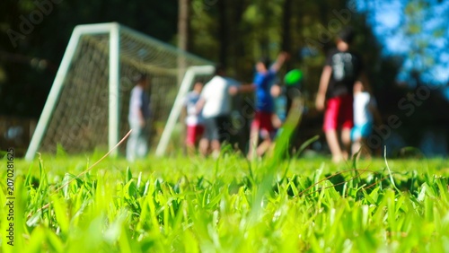 Blurred children playing soccer on a grassy field with a goal in the background on a sunny day