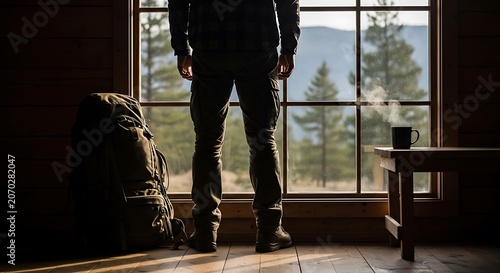 Hiker Stands Inside Cabin Looking Out Window.