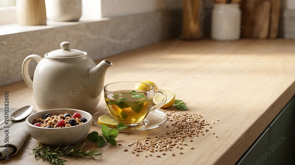 Fototapeta premium A healthy breakfast with a bowl of granola and a cup of herbal tea with mint on a kitchen table. low caffeine tips