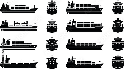 A collection of black silhouette container ship icons displayed from side and front view angles