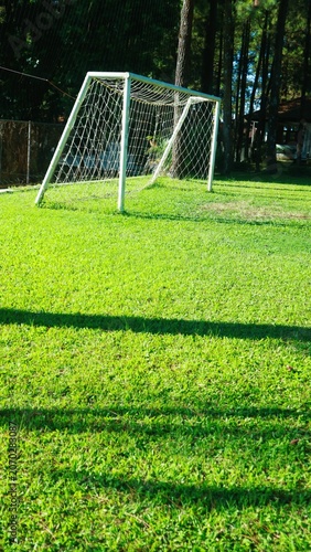 A white soccer goal stands on a lush green field in a sunny outdoor setting with trees in the background