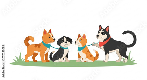 Four cartoon dogs on leashes standing on green grass