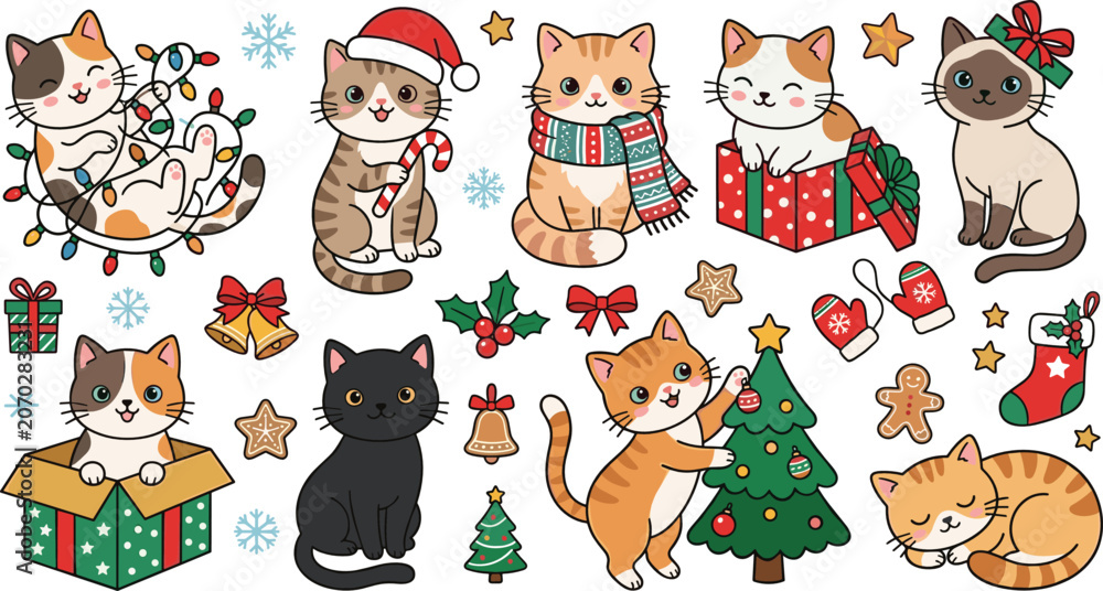 Naklejka premium Cute Christmas cats vector collection with holiday elements santa hat christmas tree lights gifts gingerbread cookies and winter decorations