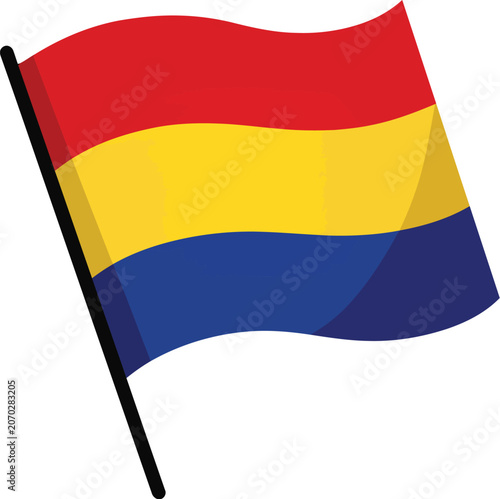Energetic Vector Flag Waving with Bright Red, Sunny Yellow, and Royal Blue Stripes, Perfect for Sportive