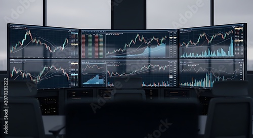 Dim Trading Room With Large Stock Charts On Monitors.