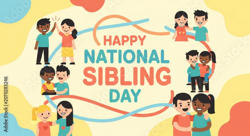 Diverse children celebrate national sibling day with colorful ribbons