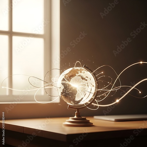 Glowing Globe With Light Trails In Quiet Classroom.