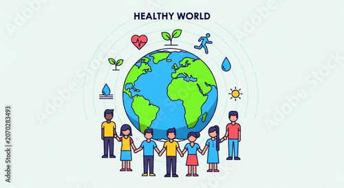 People holding hands around the earth with eco friendly symbols