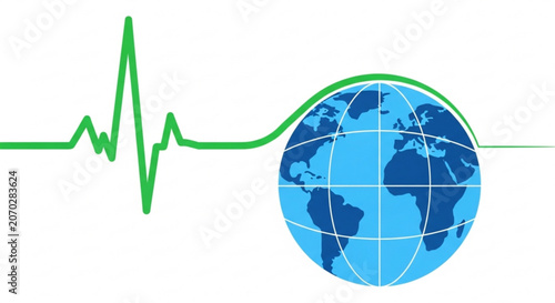 Earth globe with green ecg line symbolizing global health