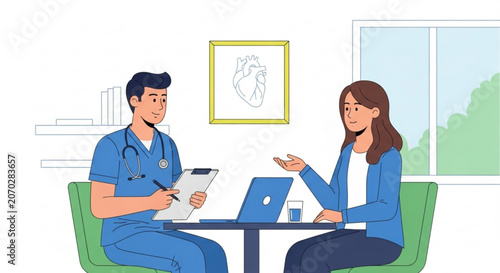 Doctor and patient discussing health on laptop in office